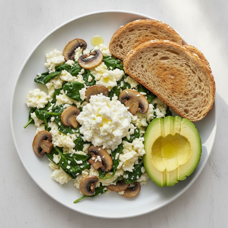 Egg White and Spinach Scramble with Cottage Cheese and Sautéed Mushrooms