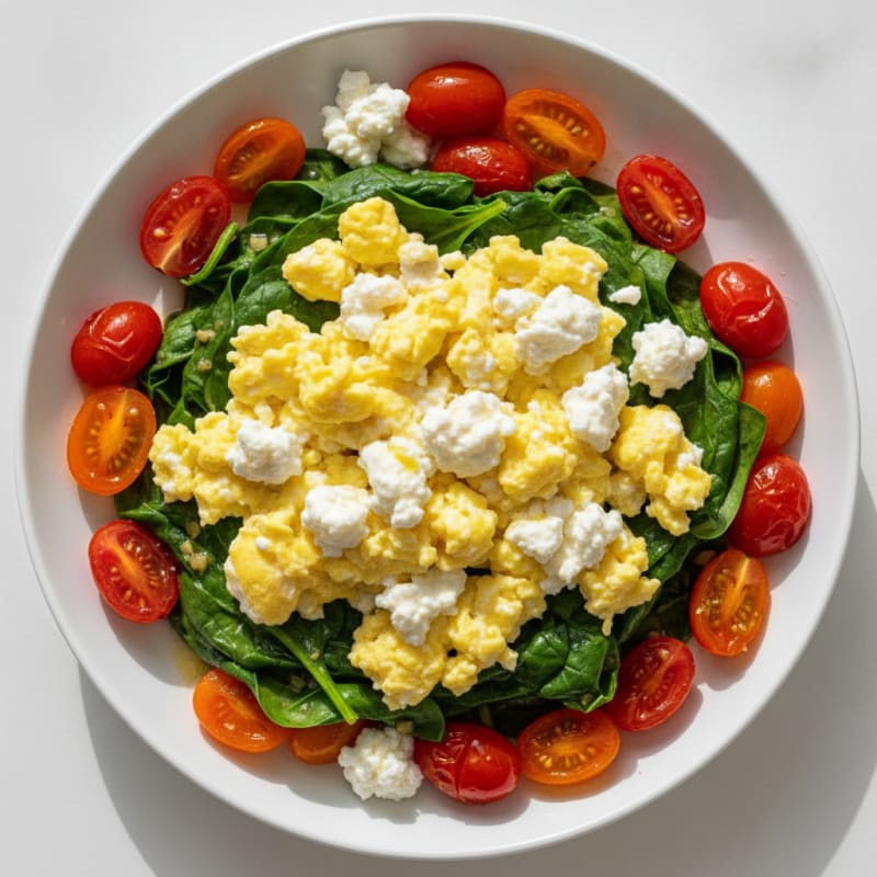 Cottage Cheese and Egg Scramble with Sautéed Spinach and Cherry Tomatoes