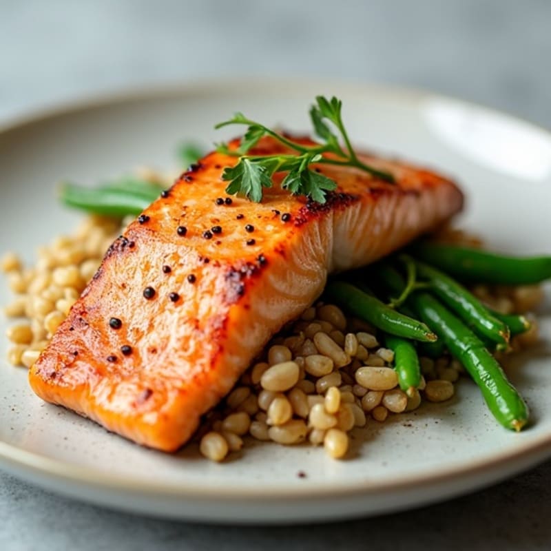 Seared Salmon with Garlic Green Beans and Brown Rice