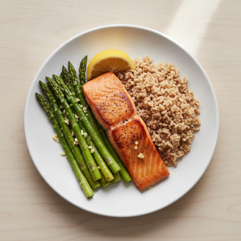 Seared Salmon Fillet with Roasted Asparagus and Brown Rice