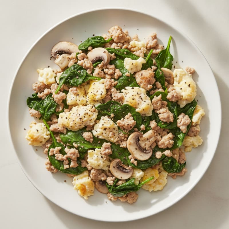 Egg White and Turkey Spinach Scramble with Sautéed Mushrooms