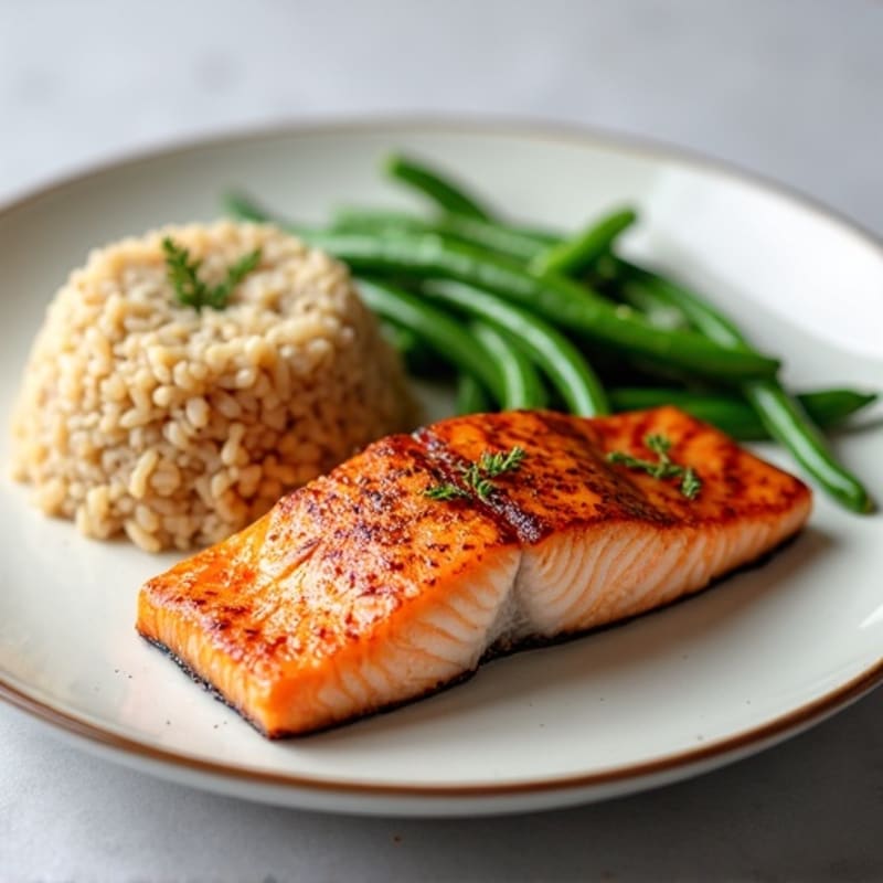 Seared Salmon with Steamed Green Beans and Brown Rice