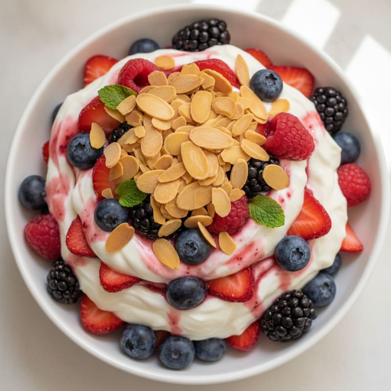 Greek Yogurt Protein Parfait with Mixed Berries and Almonds