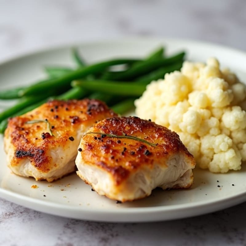 Seared Chicken Thighs with Steamed Green Beans and Garlic Mashed Cauliflower