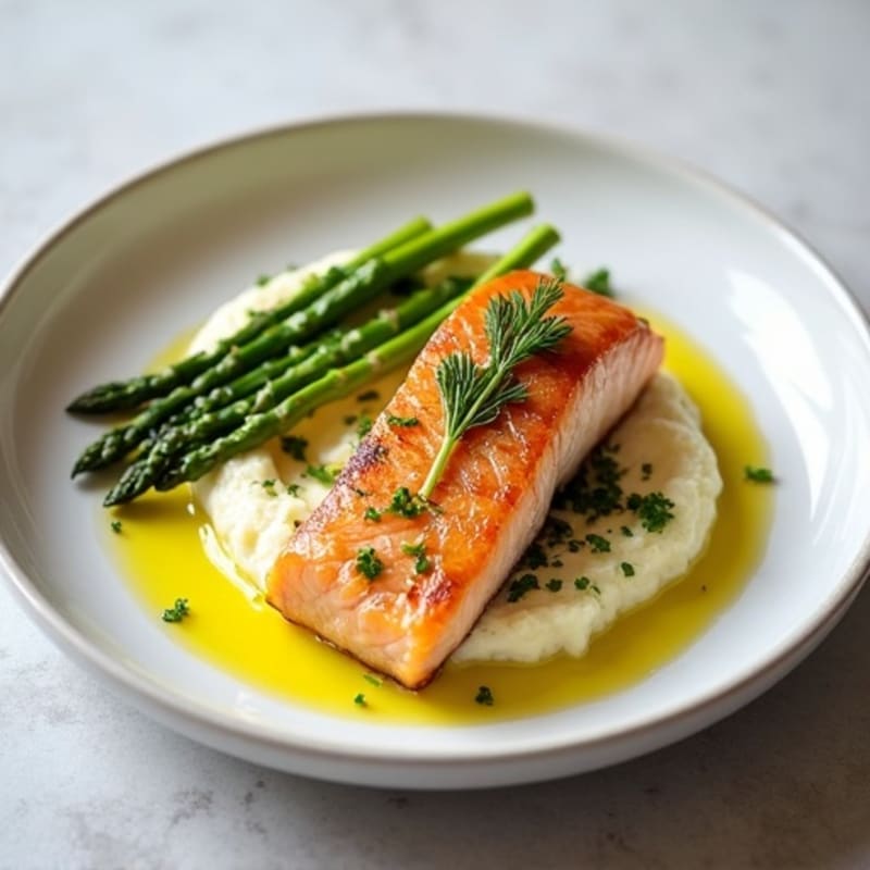 Seared Salmon with Steamed Asparagus and Cauliflower Mash