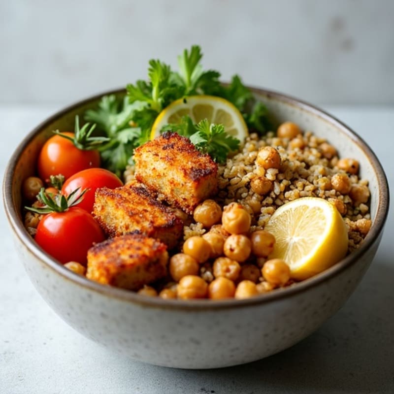 Crispy Tempeh Power Bowl with Quinoa and Roasted Chickpeas