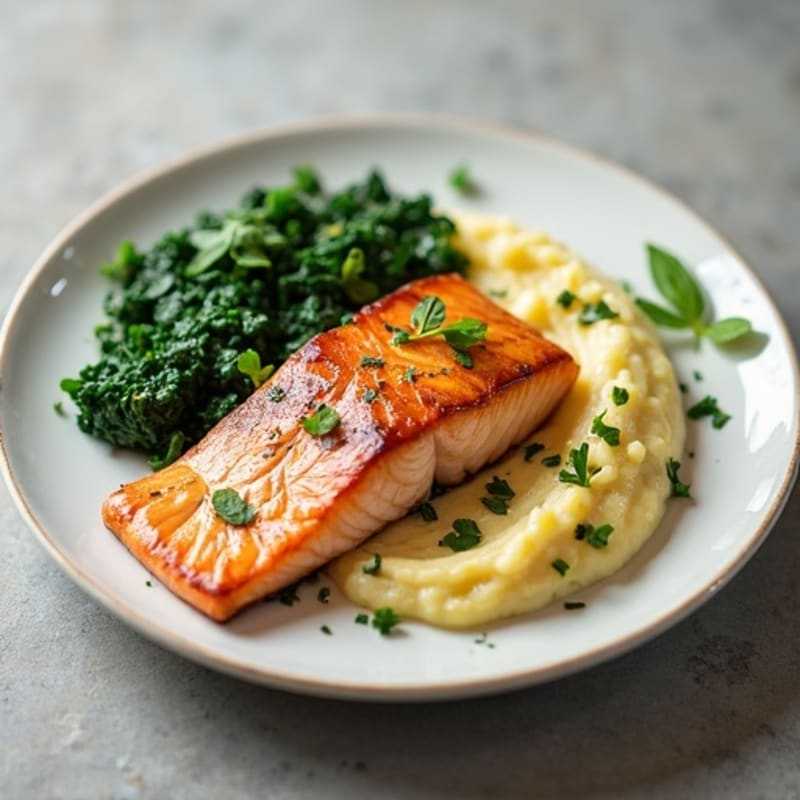 Seared Salmon with Creamy Spinach and Garlic Mashed Potatoes