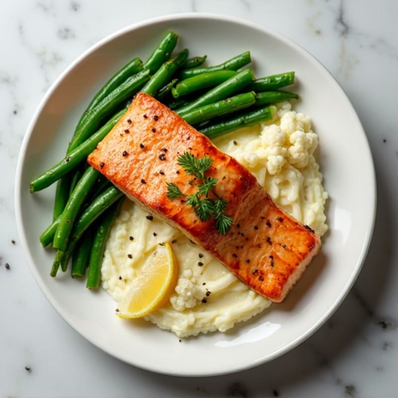 Seared Salmon Fillet with Steamed Green Beans and Garlic Mashed Cauliflower