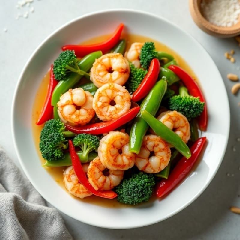 Shrimp Stir-Fry with Peanut Lime Sauce and Fresh Vegetables