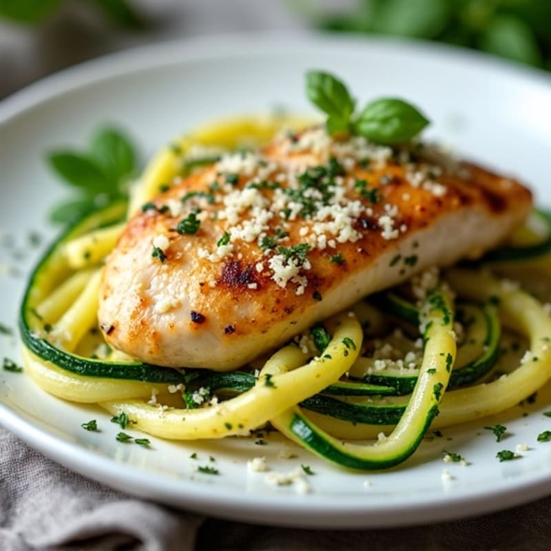 Garlic Parmesan Zucchini Noodles with Herb-Roasted Chicken