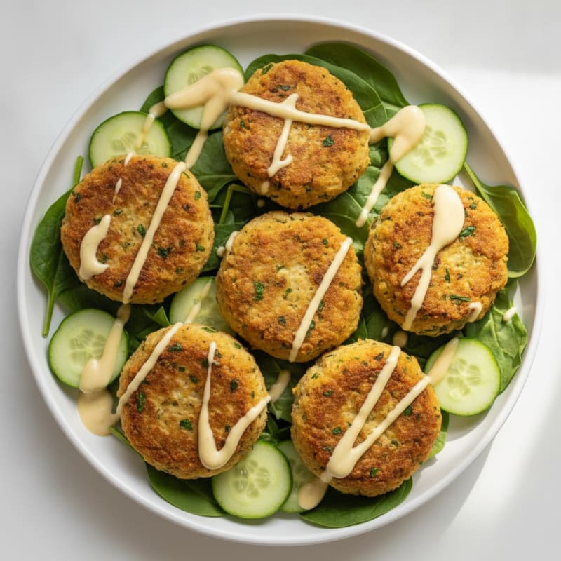 Crispy Chicken-Chickpea Falafel with Lemon-Tahini Drizzle
