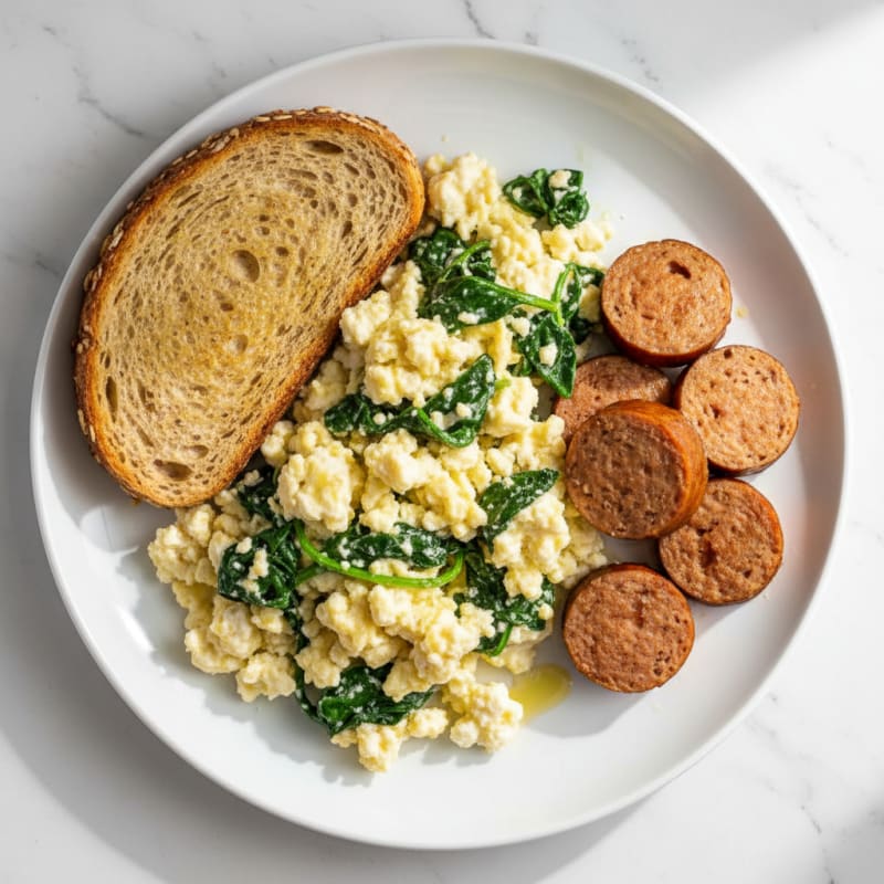 Cottage Cheese Scramble with Spinach and Turkey Sausage