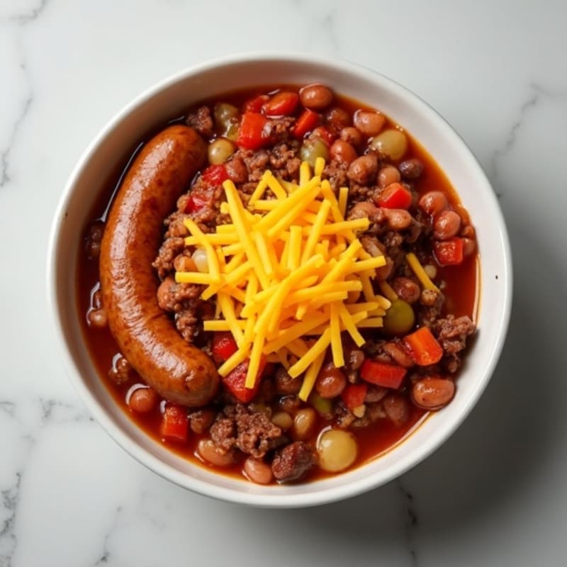 Lean Turkey Sausage with Spiced Beef and Bean Chili and Creamy Cheddar Sauce