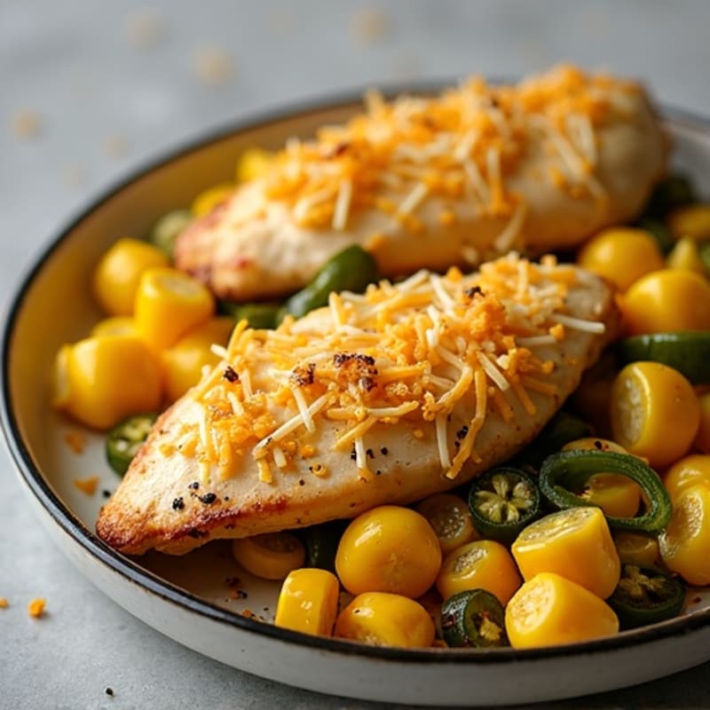 Sheet Pan Chicken with Roasted Jalapeño Corn and Crispy Cheddar