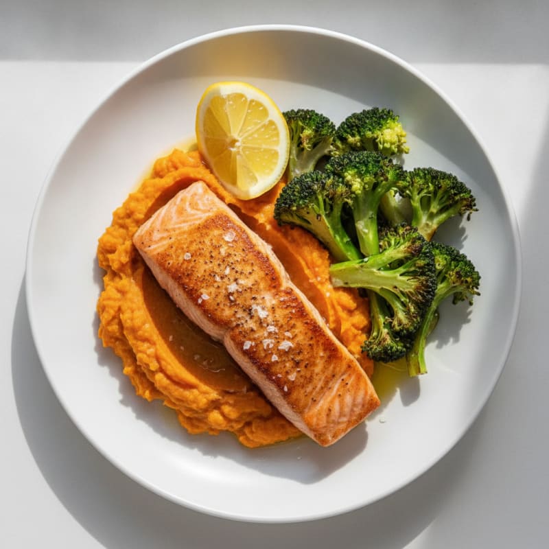 Seared Salmon with Roasted Broccoli and Sweet Potato Mash