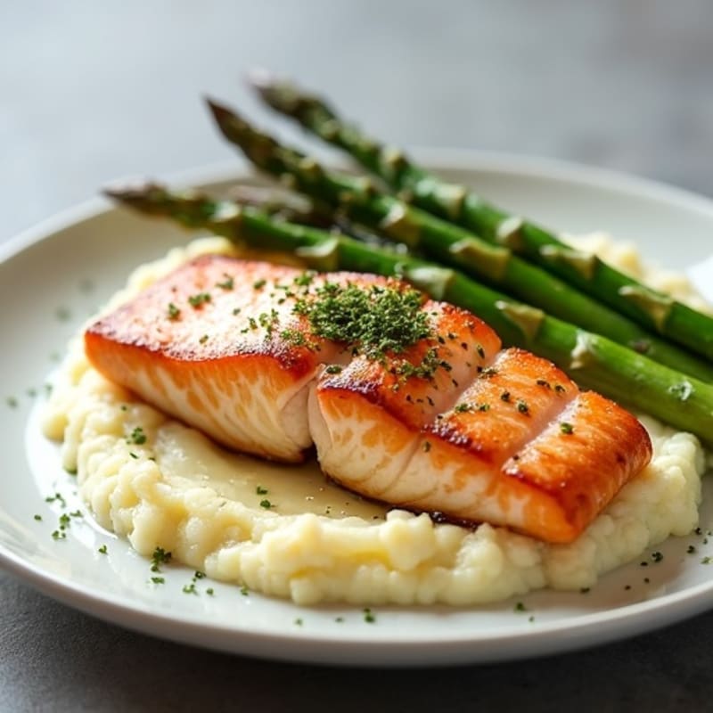 Seared Salmon with Roasted Asparagus and Cauliflower Mash