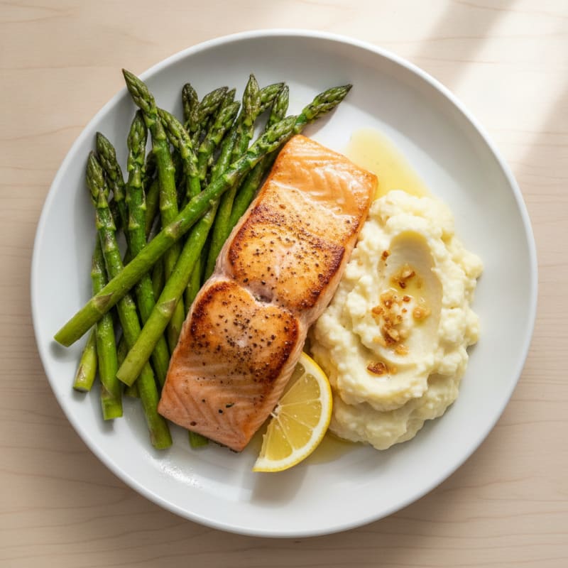 Seared Salmon Fillet with Roasted Asparagus and Garlic Mashed Cauliflower