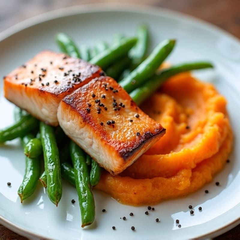 Seared Salmon with Steamed Green Beans and Sweet Potato Mash