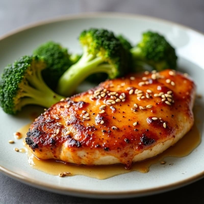 Crispy Pan-Seared Chicken with Sticky Ginger Garlic Glaze and Roasted Broccoli