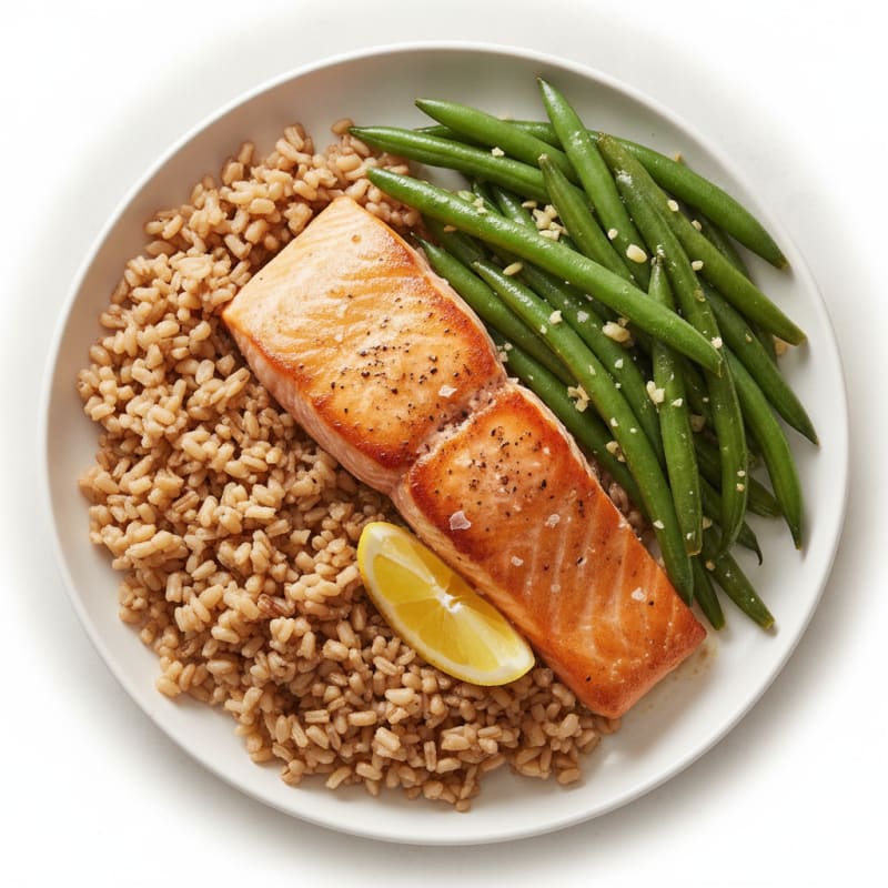Seared Salmon with Garlic Green Beans and Brown Rice