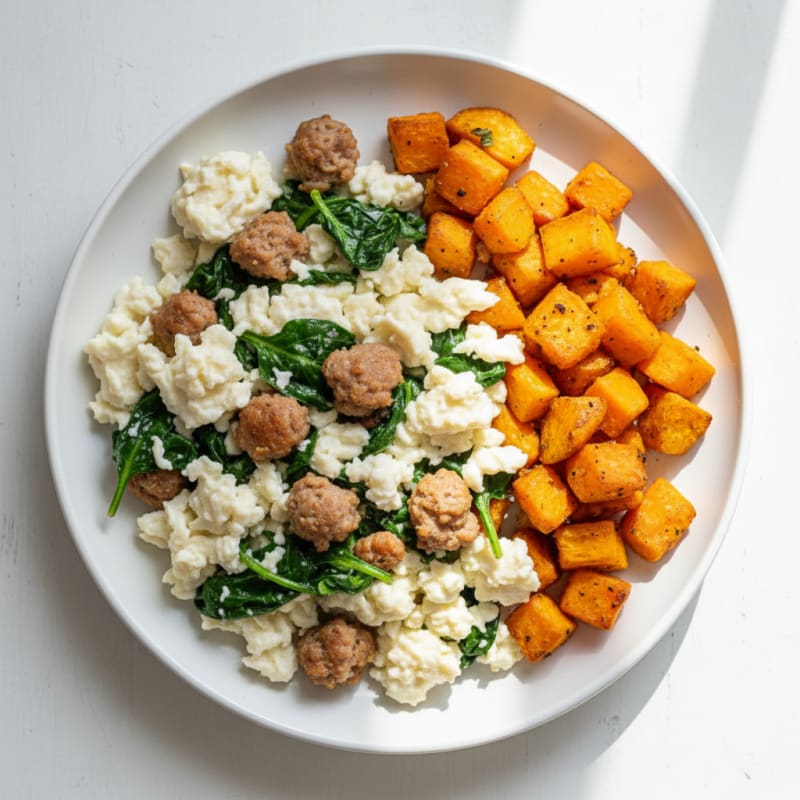 Egg White and Turkey Sausage Scramble with Spinach and Roasted Sweet Potato