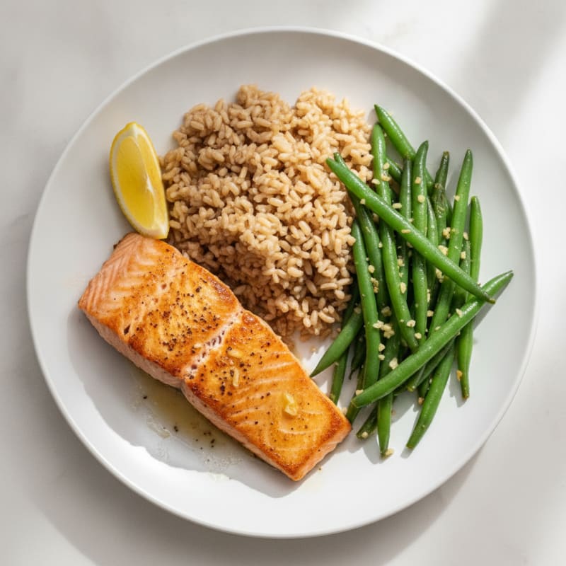 Pan-Seared Salmon with Garlic Green Beans and Brown Rice