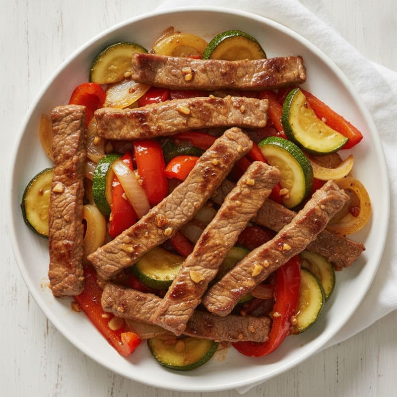Pan-Seared Beef Strips with Sautéed Peppers and Zucchini