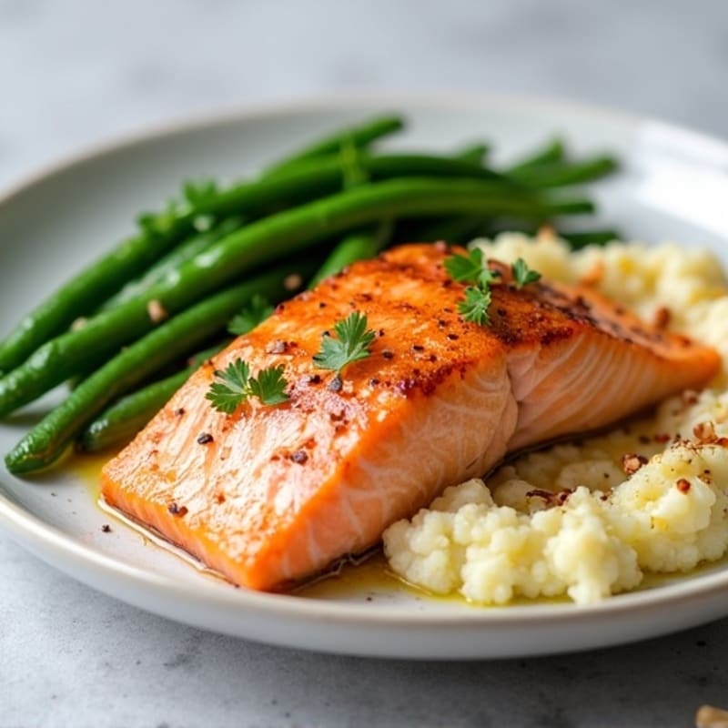 Seared Salmon Fillet with Garlic Green Beans and Cauliflower Mash
