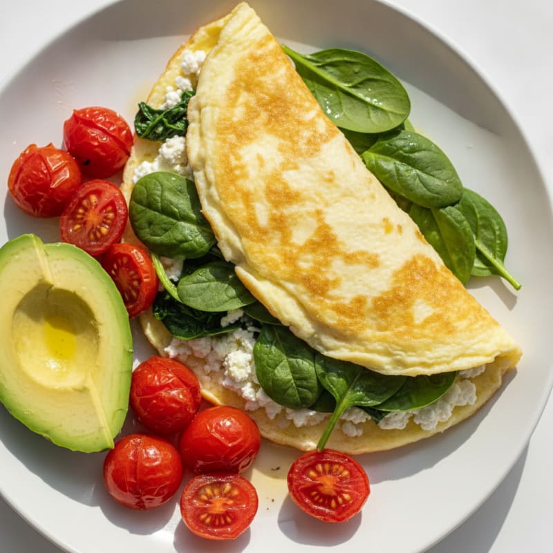 Egg White Spinach Omelette with Cottage Cheese and Cherry Tomatoes