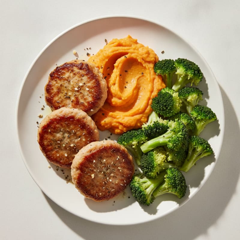 Seared Turkey Patties with Steamed Broccoli and Sweet Potato Mash