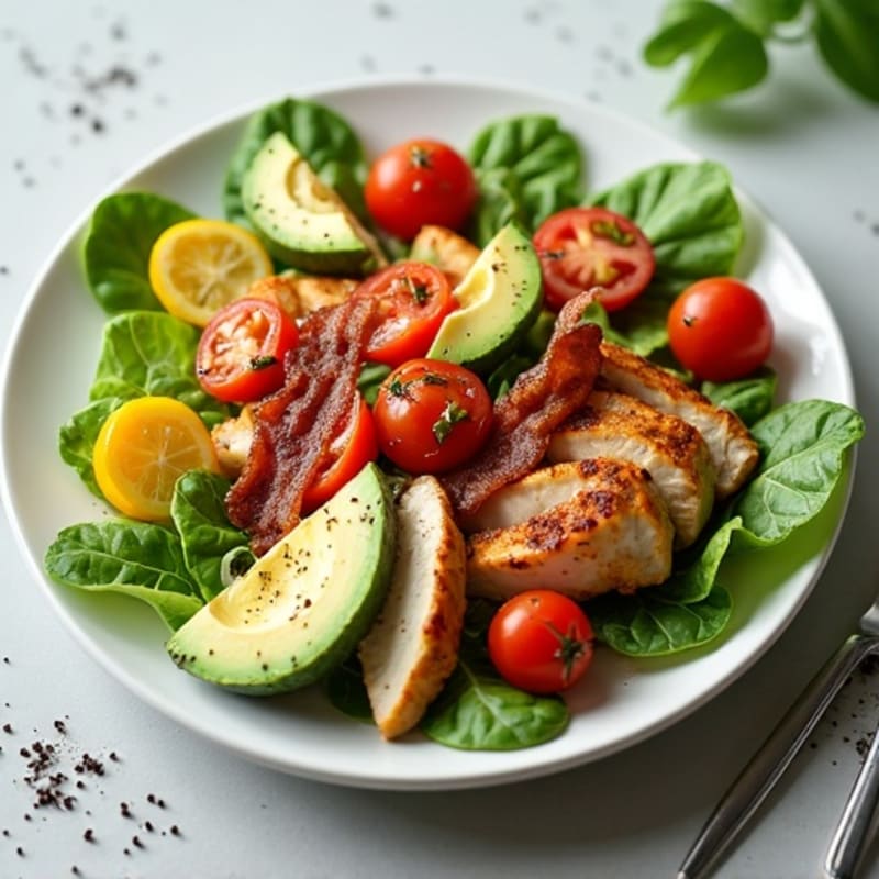 Crispy Bacon, Creamy Avocado, and Fresh Tomato Salad with Grilled Chicken
