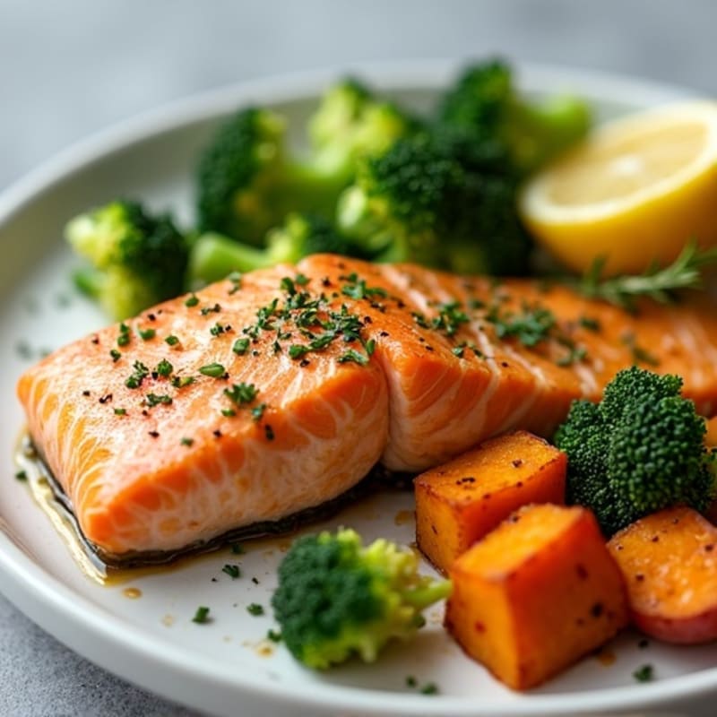 Lemon-Herb Roasted Salmon with Crispy Broccoli and Roasted Sweet Potatoes