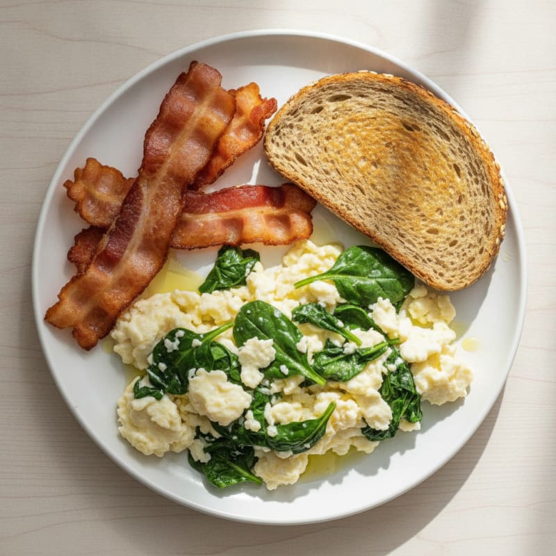 Crispy Turkey Bacon and Egg White Scramble with Spinach