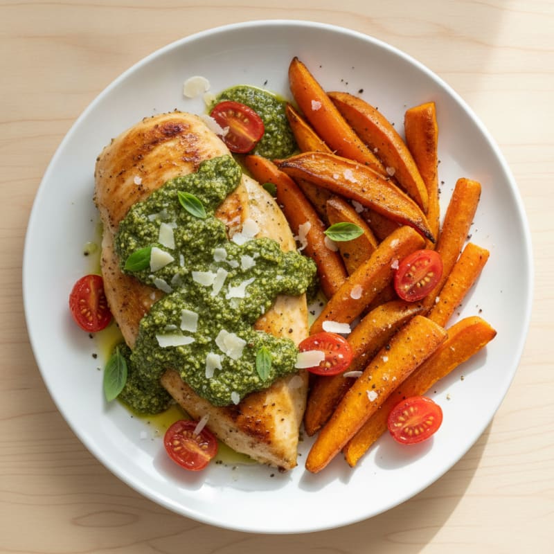 Pesto Chicken with Roasted Sweet Potatoes