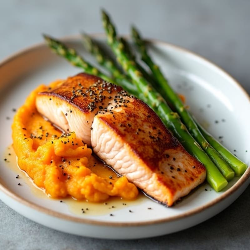 Seared Salmon with Steamed Asparagus and Sweet Potato Mash