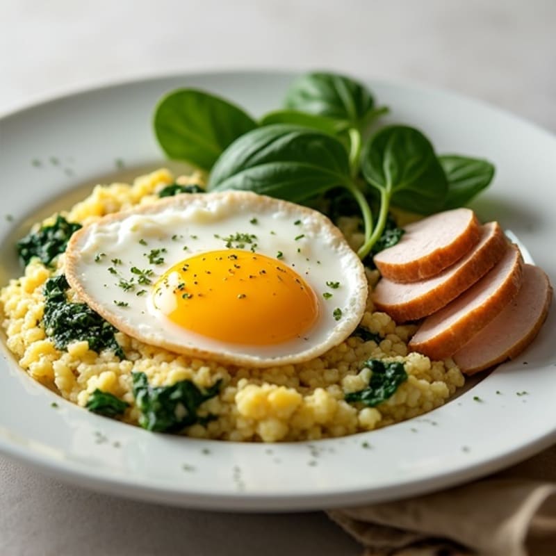 Egg White and Spinach Scramble with Cottage Cheese and Sliced Turkey
