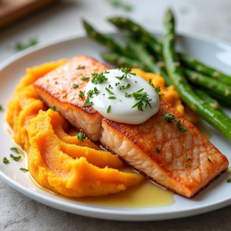 Seared Salmon Fillet with Garlic Mashed Sweet Potatoes and Steamed Asparagus