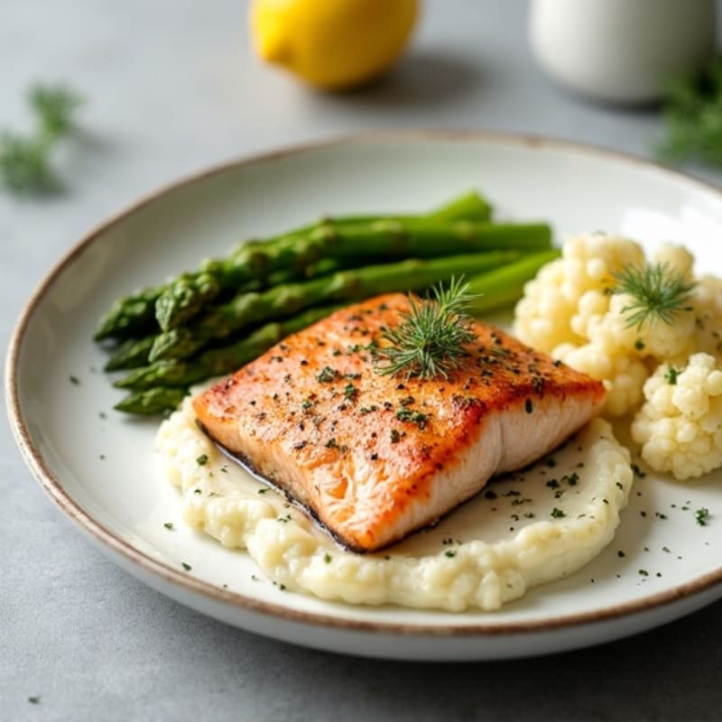 Seared Salmon Fillet with Roasted Asparagus and Cauliflower Mash