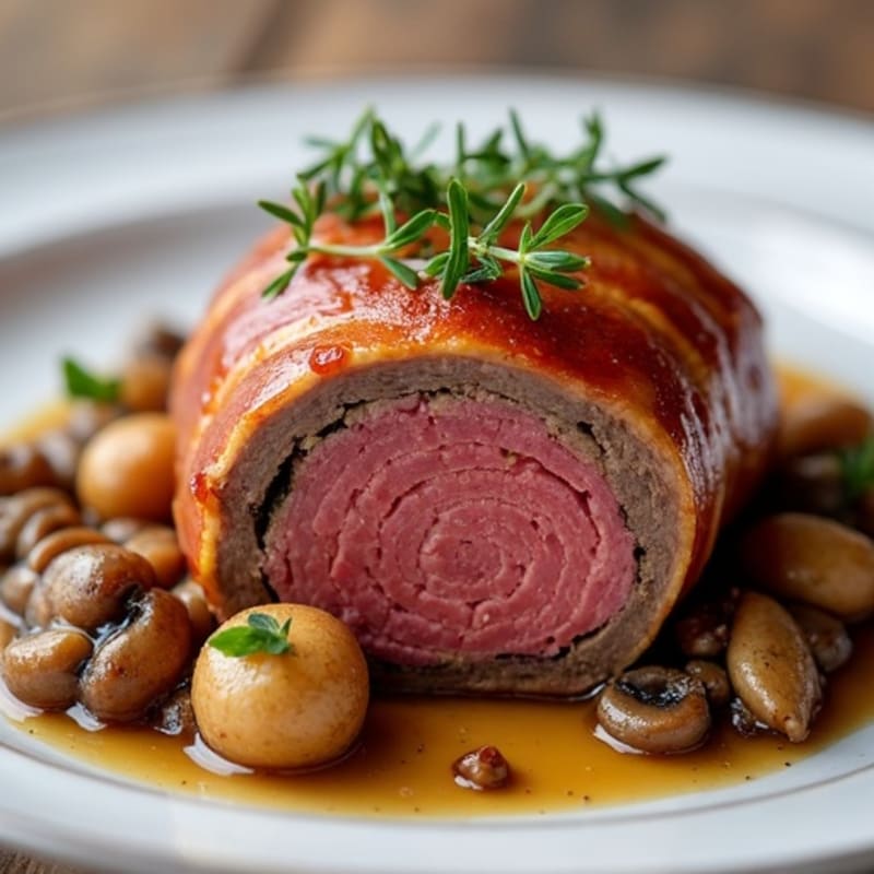 Baked Beef Tenderloin with Crispy Prosciutto and Savory Mushroom Duxelles