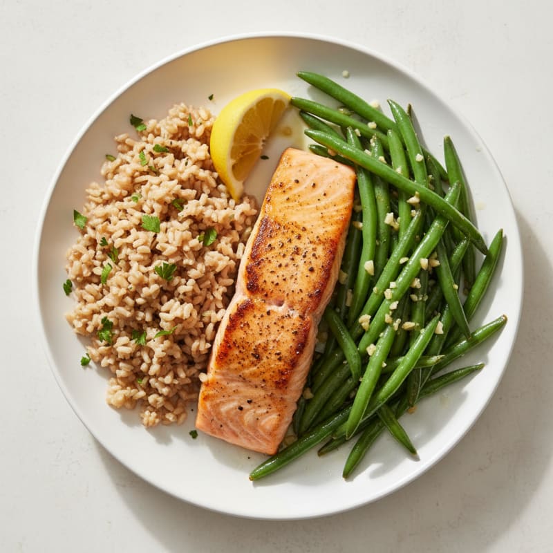 Seared Salmon with Garlic Green Beans and Brown Rice