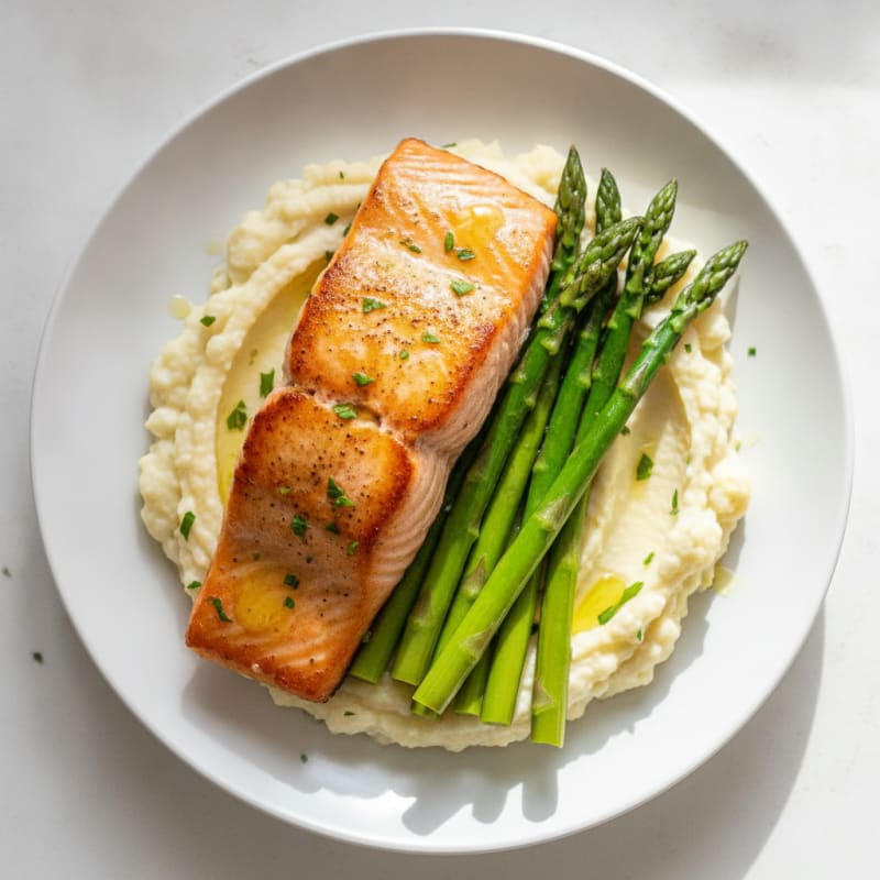 Seared Salmon with Steamed Asparagus and Cauliflower Mash