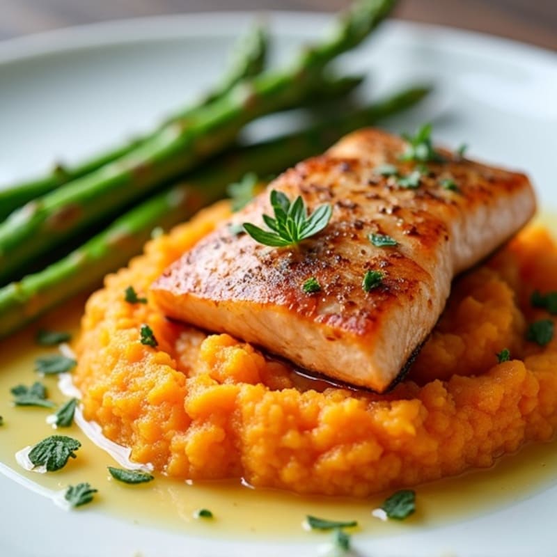 Seared Salmon with Steamed Asparagus and Sweet Potato Mash