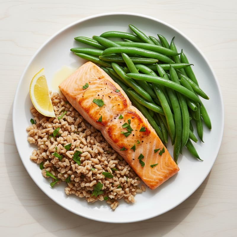 Seared Salmon with Steamed Green Beans and Herb Brown Rice
