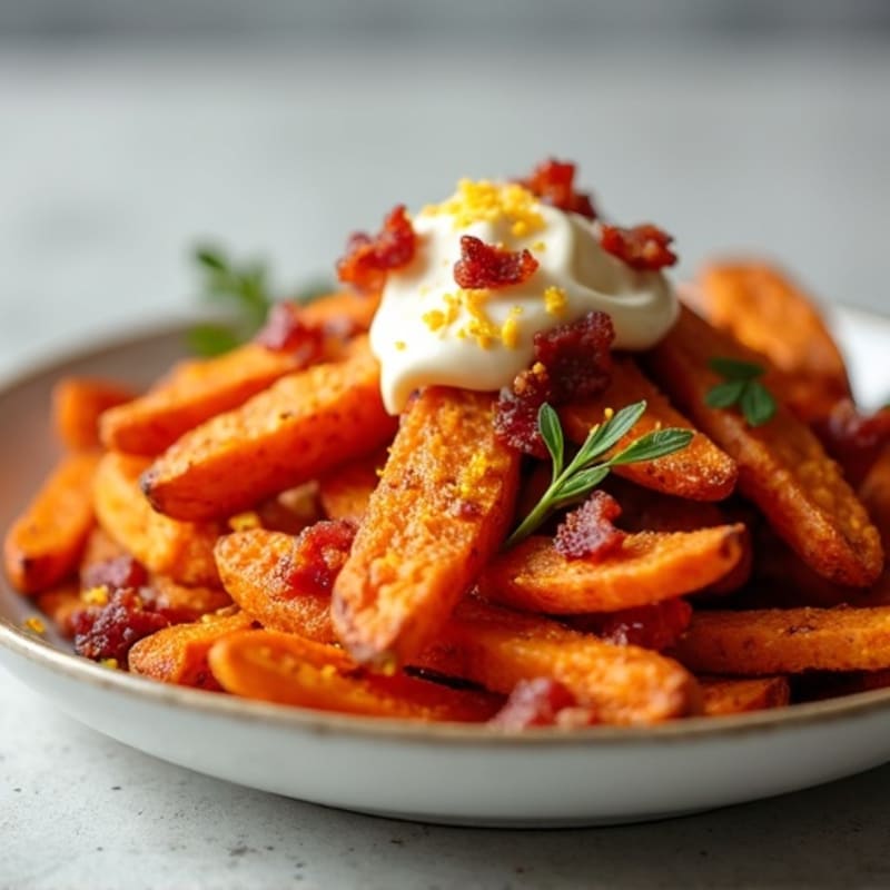 Crispy Roasted Sweet Potato Fries with Smoky Bacon and Creamy Cheesy Sauce