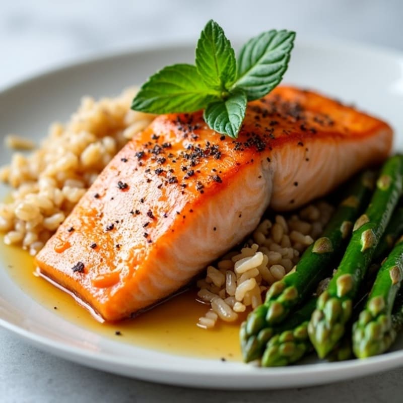 Seared Salmon with Steamed Asparagus and Brown Rice