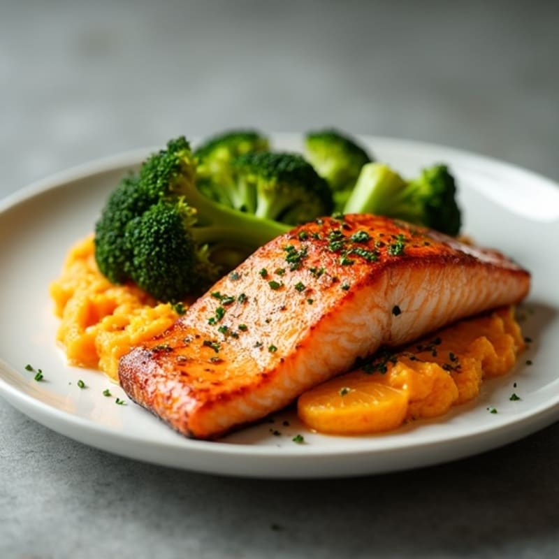 Seared Salmon with Roasted Broccoli and Sweet Potato Mash
