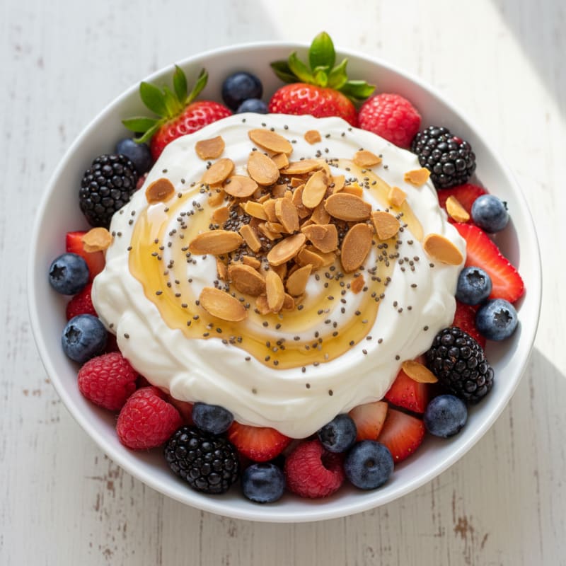 Greek Yogurt Protein Parfait with Mixed Berries and Almonds