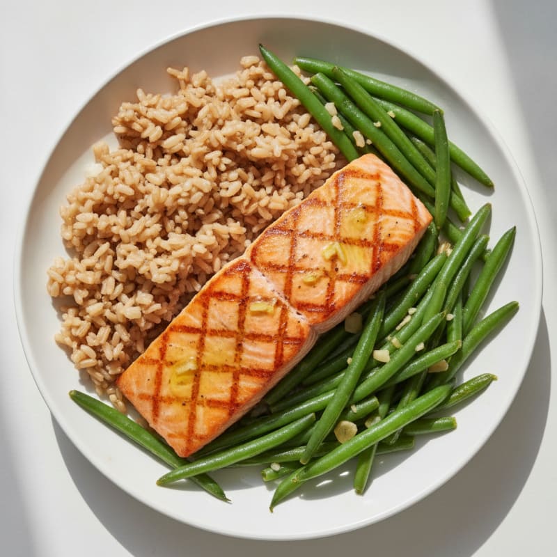 Seared Salmon with Garlic Green Beans and Brown Rice