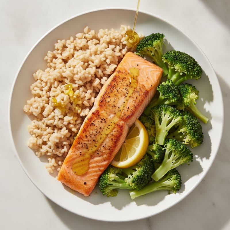 Seared Salmon with Steamed Broccoli and Brown Rice