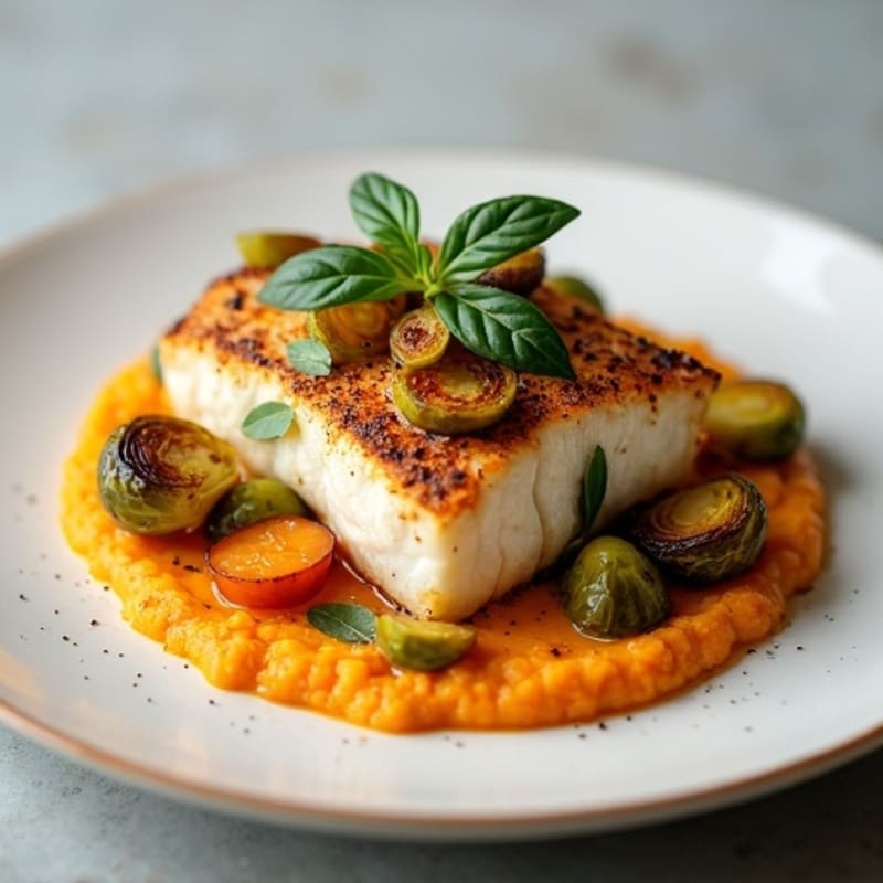 Baked Cod with Roasted Brussels Sprouts and Sweet Potato Mash
